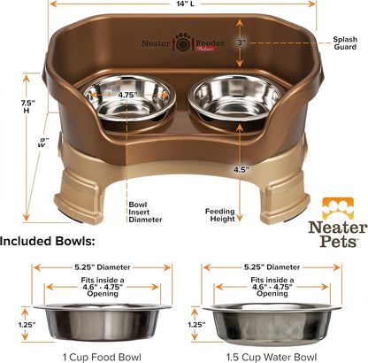 Neater Feeder Deluxe Mess Proof Cat Bowls Elevated for All Breeds – Made in USA – No Spill Raised Cat Bowls for Indoor Cats W/Leg Extensions – Stainless Steel Cat Food and Water Bowl Set - Bronze