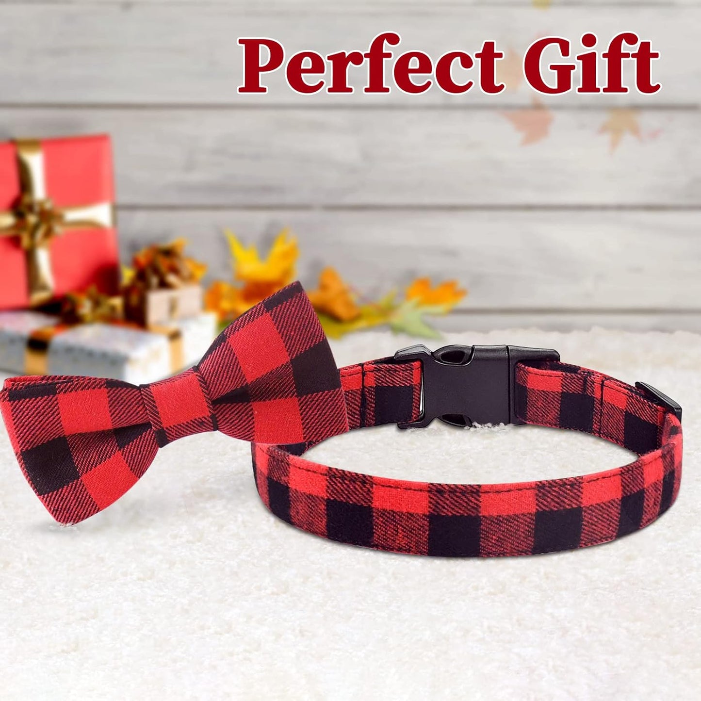 2 Pack Dog Collar with Bow Tie, Christmas Classic Plaid Pattern Dog Collar with Light Adjustable Buckle Suitable for Small Medium Large Dogs Cats Pets (Medium, Red + Green)