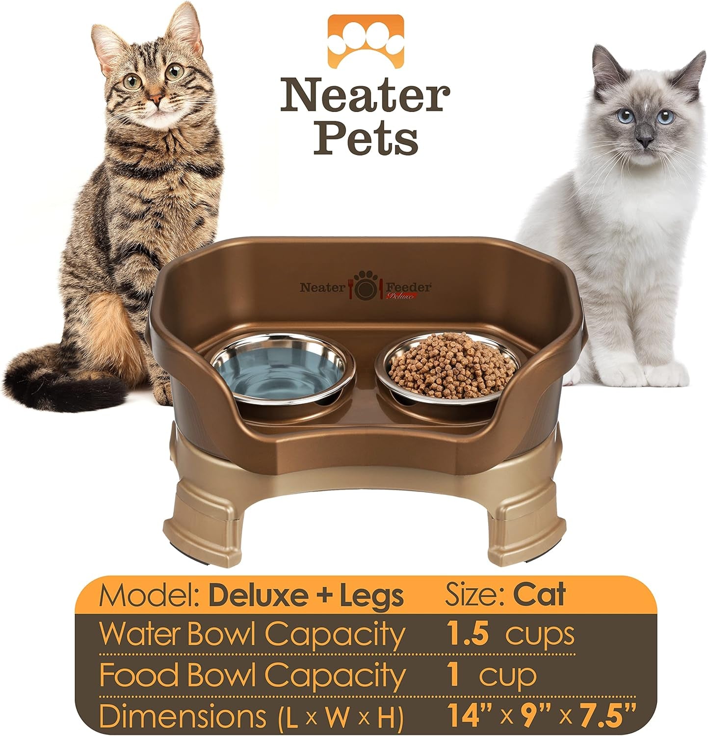 Neater Feeder Deluxe Mess Proof Cat Bowls Elevated for All Breeds – Made in USA – No Spill Raised Cat Bowls for Indoor Cats W/Leg Extensions – Stainless Steel Cat Food and Water Bowl Set - Bronze