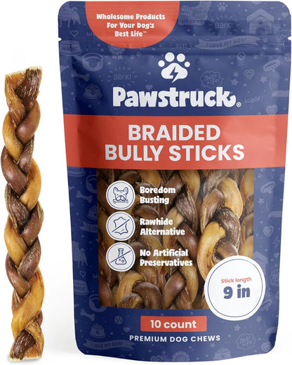 Natural 9” Braided Bully Sticks for Dogs - Tough, Long-Lasting, Rawhide-Free, Low Odor, Healthy Single Ingredient Chew Treat for Aggressive Chewers - 10 Count - Packaging May Vary