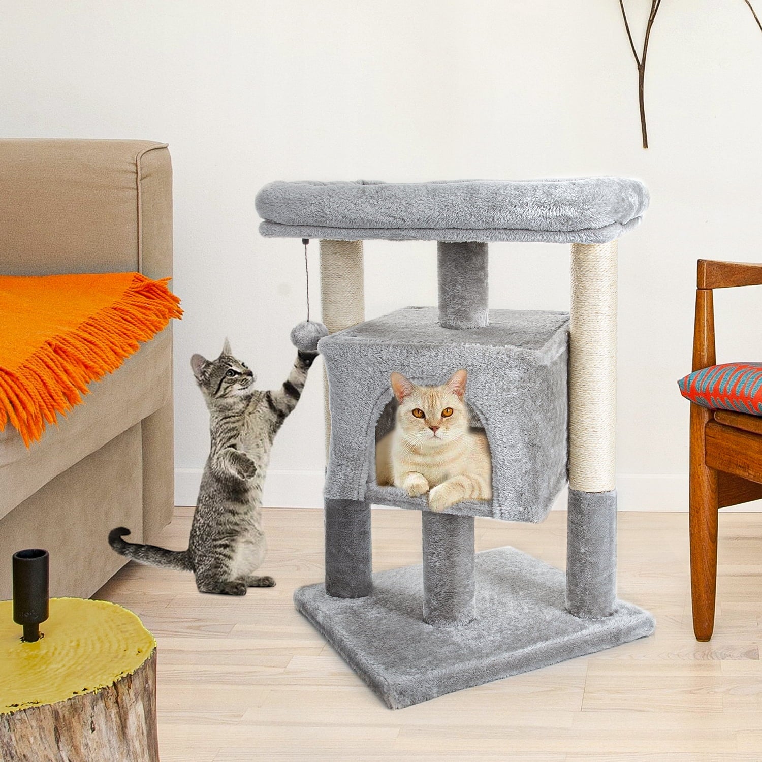 29" Cat Tree Tower for Indoor Cats Cat Condo with Sisal Scratching Posts, Plush Perch, Cat Bed Furniture, Gray