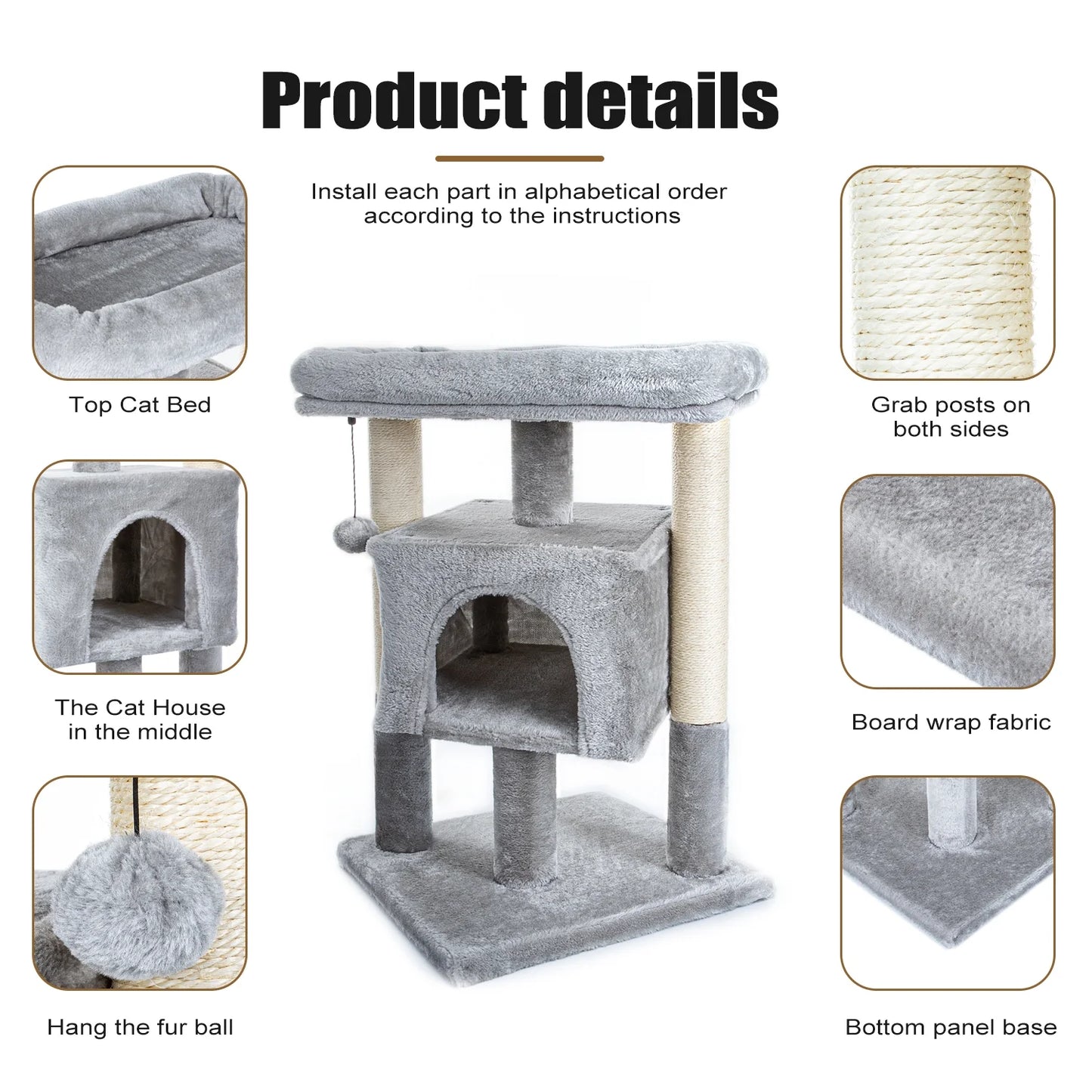 29" Cat Tree Tower for Indoor Cats Cat Condo with Sisal Scratching Posts, Plush Perch, Cat Bed Furniture, Gray